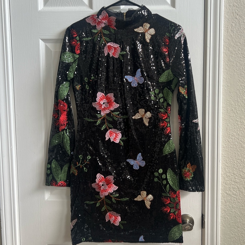 Hot Miami styles black sequin mini dress with butterfly and flower embroidery